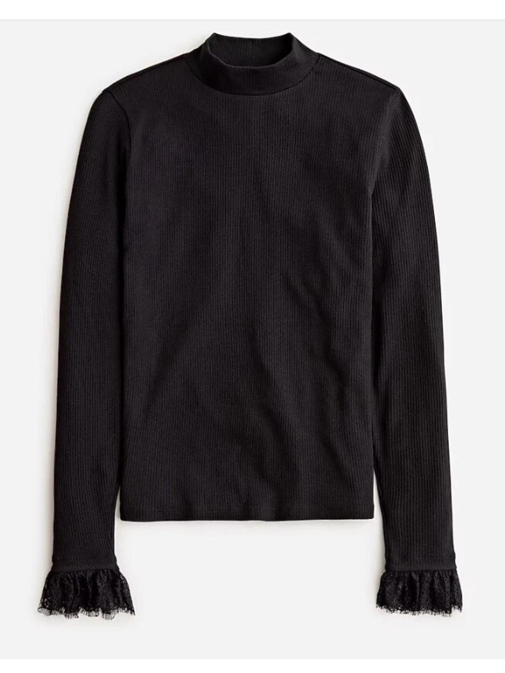 New J. Crew Black Ribbed Mock Neck Long Sleeve with Lace Cuffs m medium